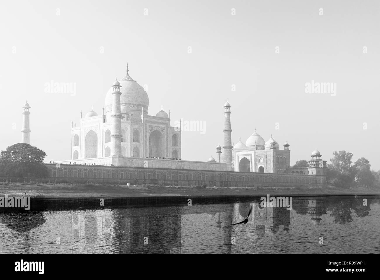 Taj Mahal reflète dans la rivière Yamuna en noir et blanc. Banque D'Images