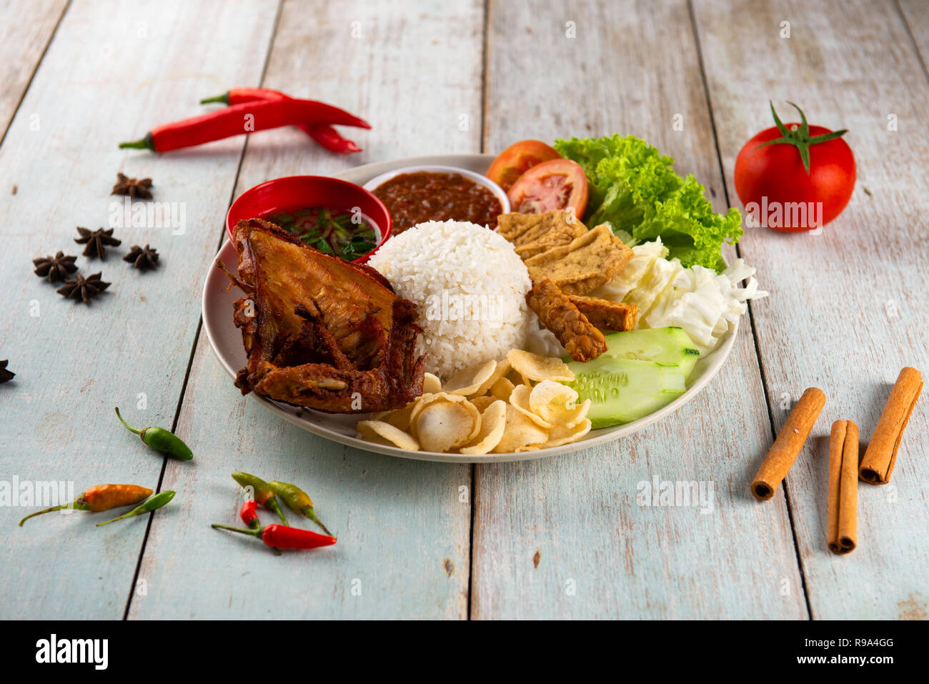 Le riz traditionnel indonésien avec du poulet Banque D'Images