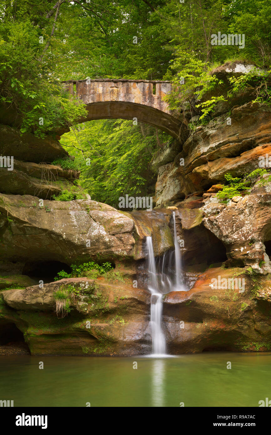 Les chutes supérieures cascade et pont en parc d'État de Hocking Hills, Ohio, USA. Banque D'Images