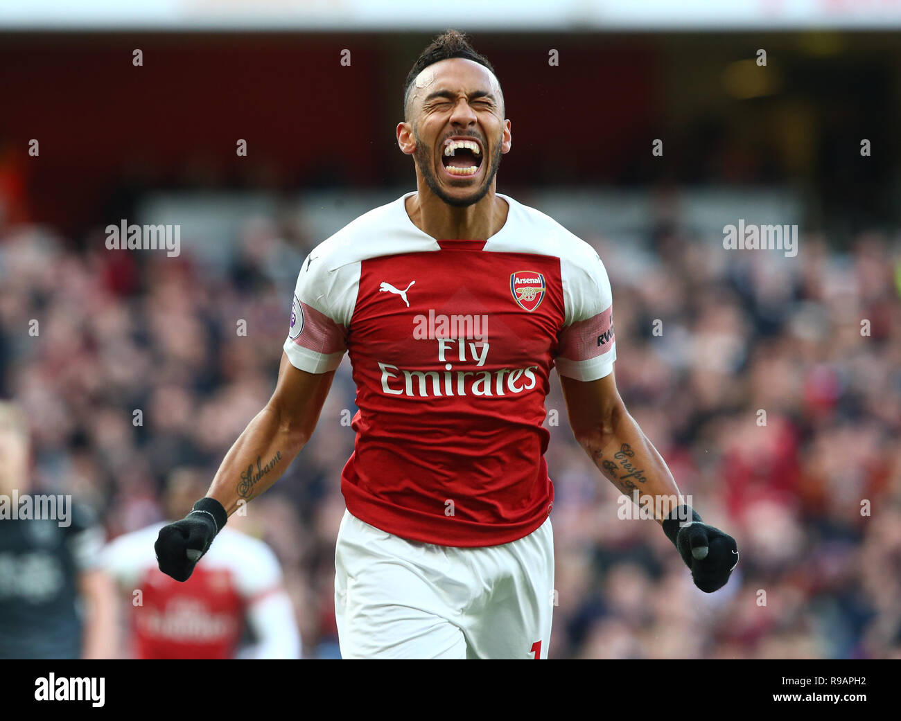 Londres, Royaume-Uni. Dec 22, 2018. Pierre-Emerick Aubameyang Arsenal de célébrer son but au cours de Premier League anglaise entre Arsenal et Burnley au Emirates stadium, Londres, Angleterre le 22 décembre 2018. Usage éditorial uniquement, licence requise pour un usage commercial. Aucune utilisation de pari, de jeux ou d'un seul club/ligue/player publication. Action Crédit : Foto Sport/Alamy Live News Banque D'Images