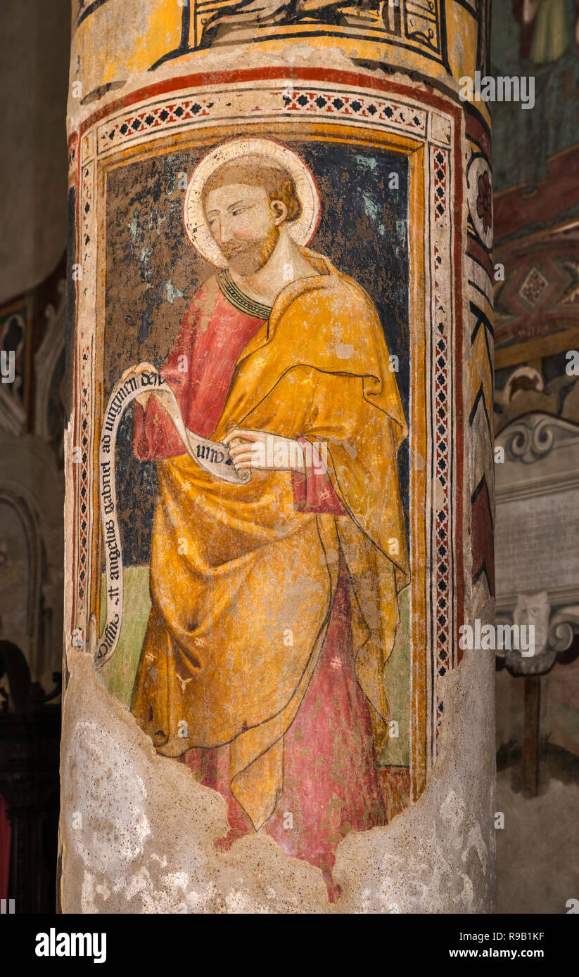 13e siècle fresco à la colonne à l'église San Giovenale, à Quartiere Vecchio (Vieux Quartier) district à Orvieto, Ombrie, Italie Banque D'Images