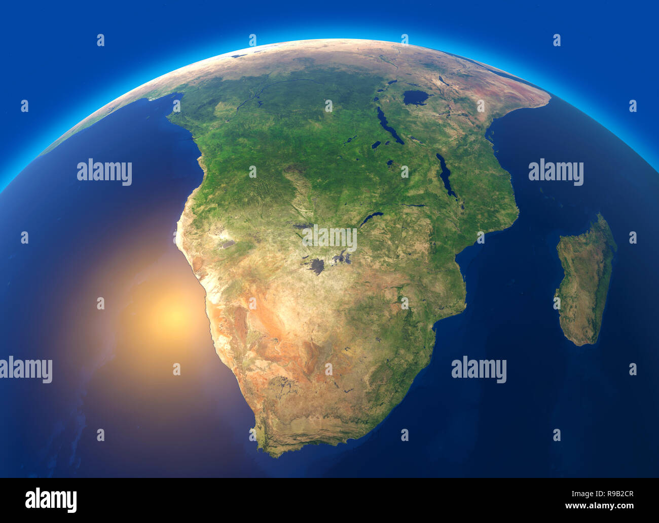 Carte Physique du monde, la vue satellite d'Afrique du Sud. Monde entier. Hémisphère. Reliefs et des océans. Le rendu 3D Banque D'Images