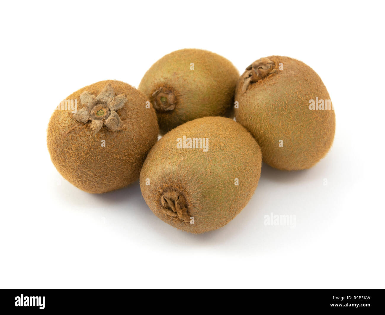 Ensemble de quatre fruits kiwi avec peaux velues sur fond blanc Banque D'Images