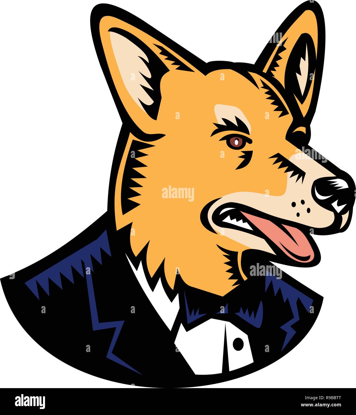 Retro style gravure sur bois illustration d'un Welsh Corgi ou Pembroke Welsh Corgi chien portant un manteau tuxedo et cravate à côté de blanc isolé sur backgrou Illustration de Vecteur