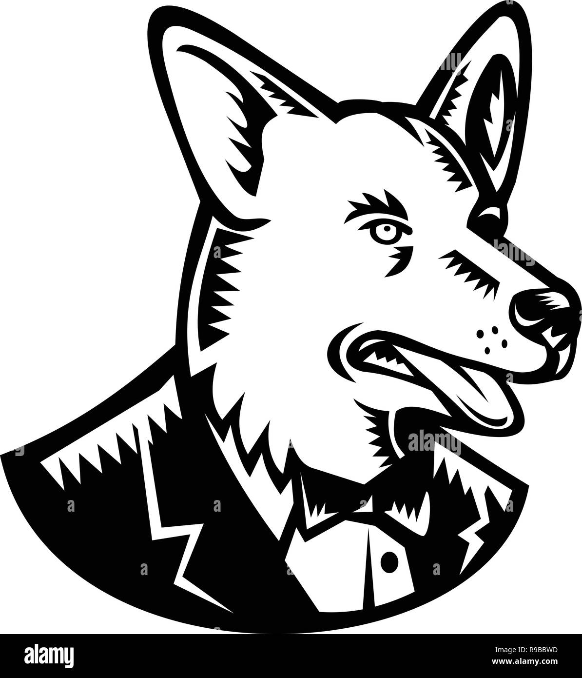 Retro style gravure sur bois illustration d'un Pembroke Welsh Corgi chien portant un manteau tuxedo et cravate à côté d'isolé sur fond blanc fait en blac Illustration de Vecteur