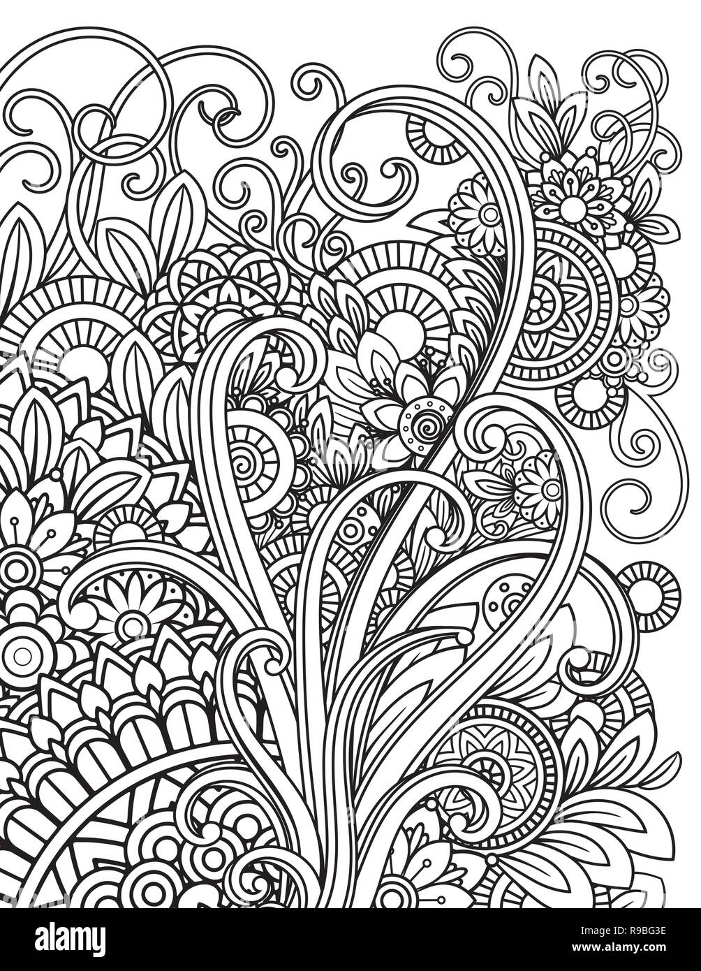 Motif floral mandala en noir et blanc. Livre de coloriage adultes page avec des fleurs et des mandalas. Motif Oriental, affiche des éléments décoratifs. Hand drawn vector illustration Illustration de Vecteur