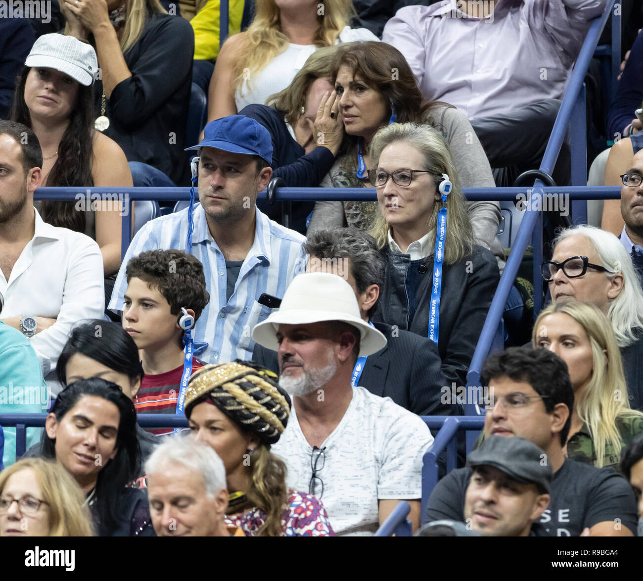 New York, NY - 9 septembre 2018 : Meryl Streep assiste à la finale masculine de seul de l'US Open 2018 entre le Paris de la Serbie et Juan Martin del Potro, de l'Argentine à l'USTA Billie Jean King National Tennis Center Banque D'Images