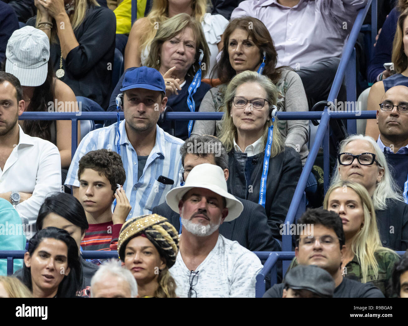 New York, NY - 9 septembre 2018 : Meryl Streep assiste à la finale masculine de seul de l'US Open 2018 entre le Paris de la Serbie et Juan Martin del Potro, de l'Argentine à l'USTA Billie Jean King National Tennis Center Banque D'Images