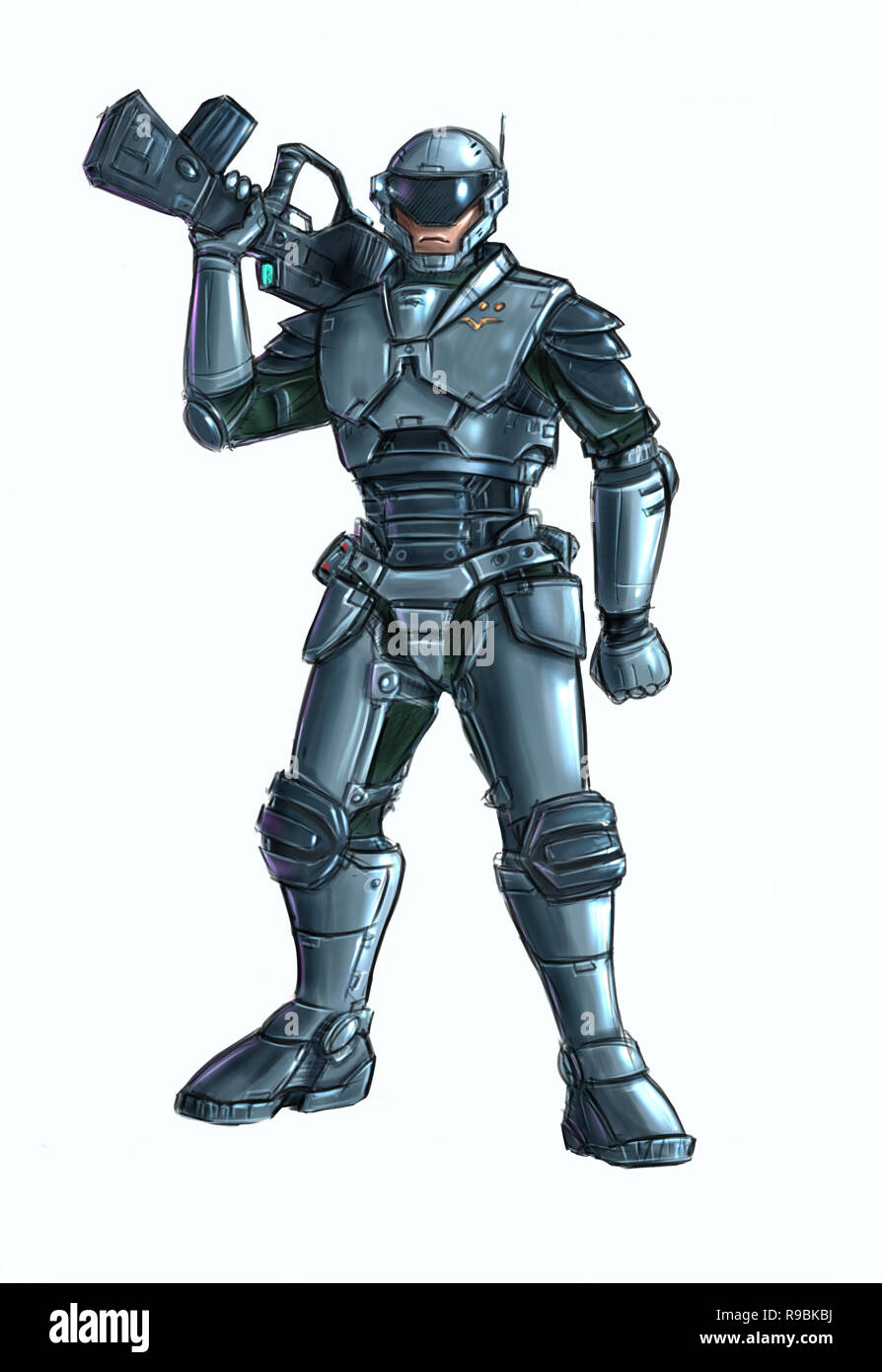 Concept Art Illustration Science-fiction futuriste de caractère soldat en armure au fusil Banque D'Images