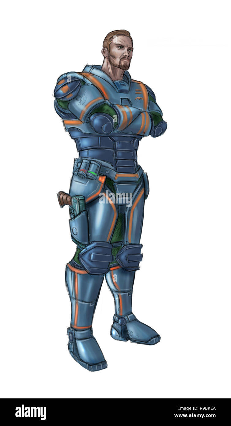 Concept Art Illustration Science-fiction futuriste de caractère soldat en armure, pistolet Banque D'Images