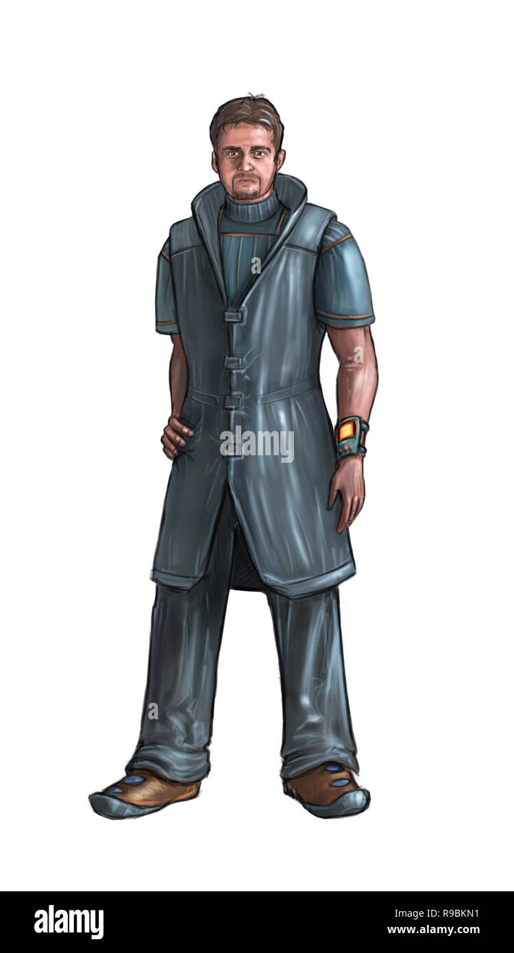 Concept Art Illustration de science-fiction de l'homme dans la conception de vêtements futuriste Banque D'Images