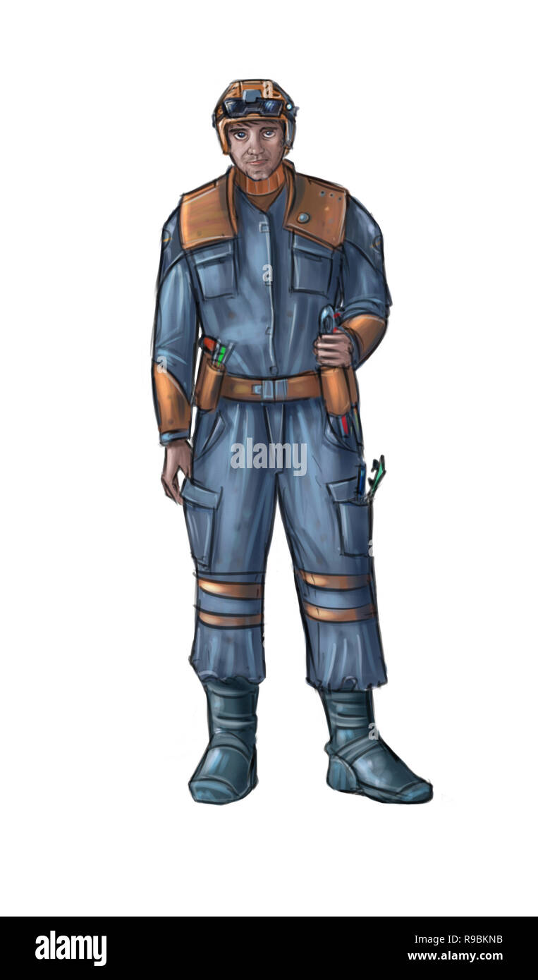 Concept Art de l'illustration de science-fiction portant costume de travail du technicien ou des blouses et casque ou casque de sécurité Banque D'Images