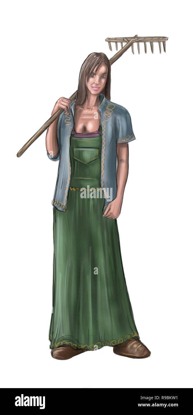 Concept Art Fantasy Illustration de belle jeune femme Village ou villageois ou paysanne ou de l'Agriculteur Banque D'Images