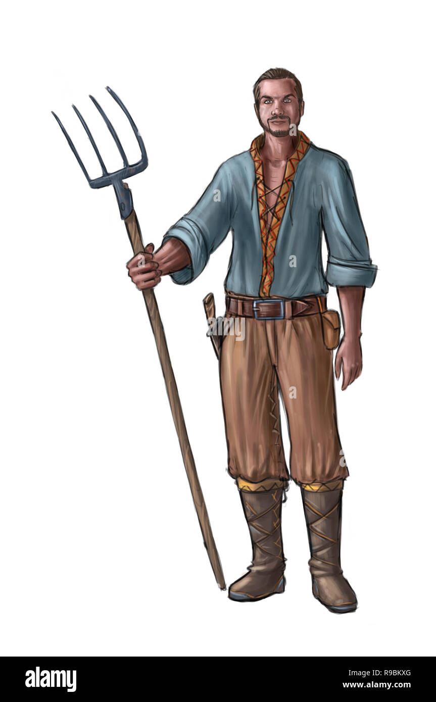 Concept Art Illustration Fantasy de jeunes villageois, Countryman, agriculteur ou homme Village avec une fourchette Banque D'Images