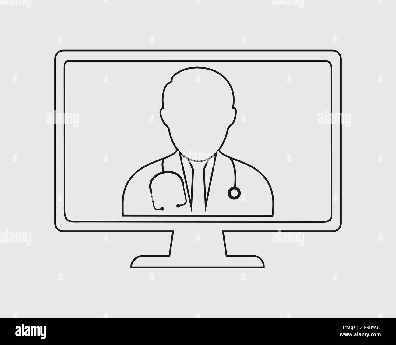 L'icône de la ligne de docteur en ligne. Médecin est sur l'écran de l'ordinateur avec un fond gris. Illustration de Vecteur