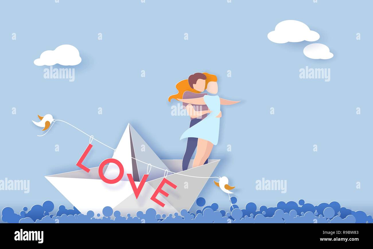 Carte Saint Valentin avec couple hugging in love sur papier bateau dans la mer. Vector illustration d'art sur papier. Coupe papier et de l'artisanat traditionnel. Illustration de Vecteur