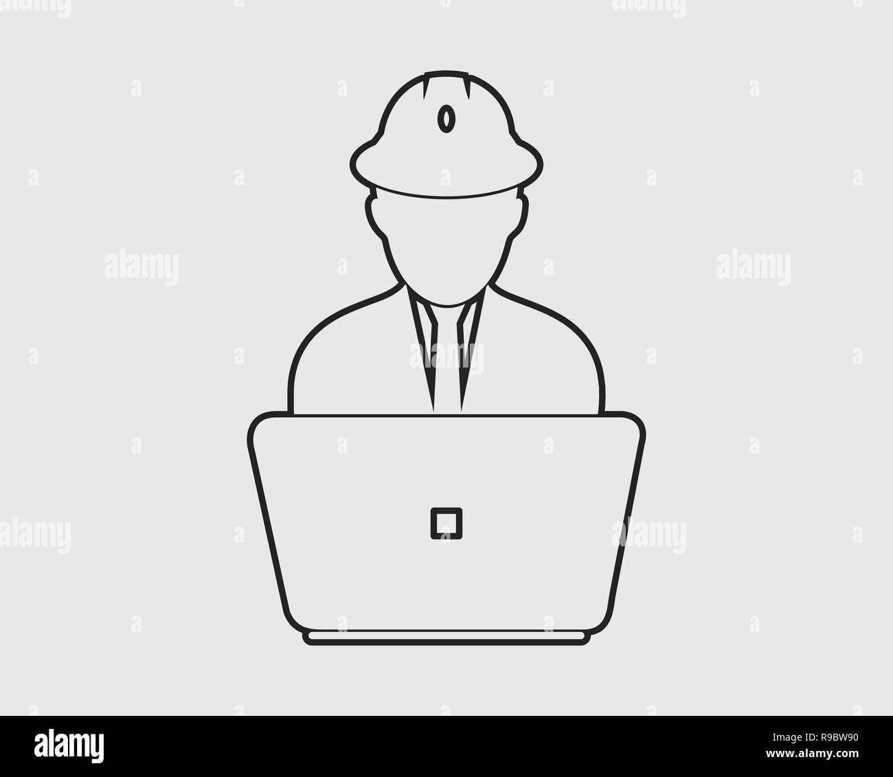 L'icône de la ligne ingénieur informatique. Symbole masculin avec le moniteur de l'ordinateur Illustration de Vecteur