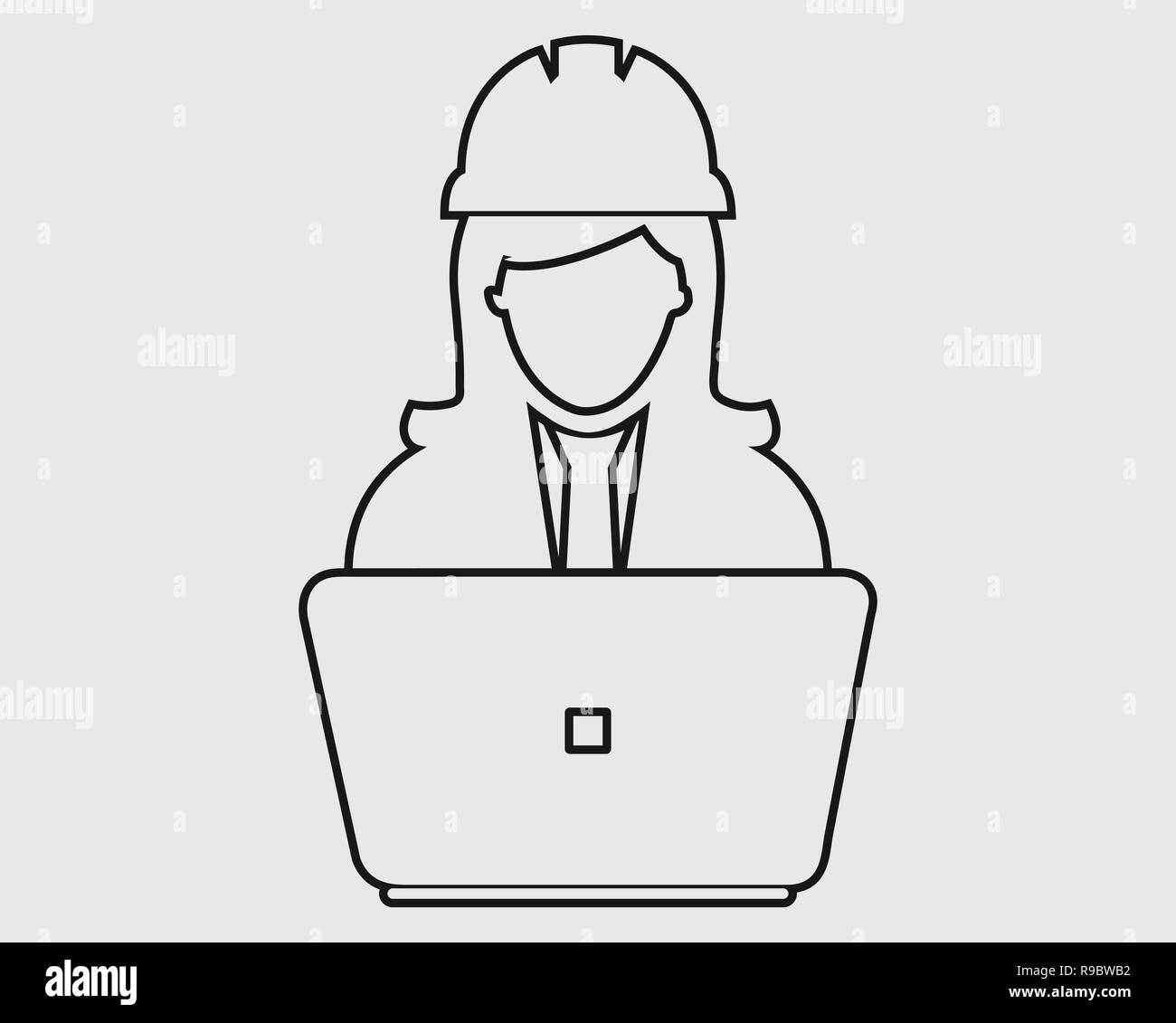 L'icône de la ligne ingénieur informatique. Symbole féminin avec le moniteur de l'ordinateur Illustration de Vecteur