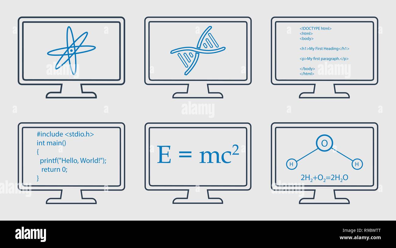 L'icône de la ligne de sujet différents ensemble. La physique, la chimie, le génie génétique et l'informatique sont des symboles sur le moniteur. Illustration de Vecteur