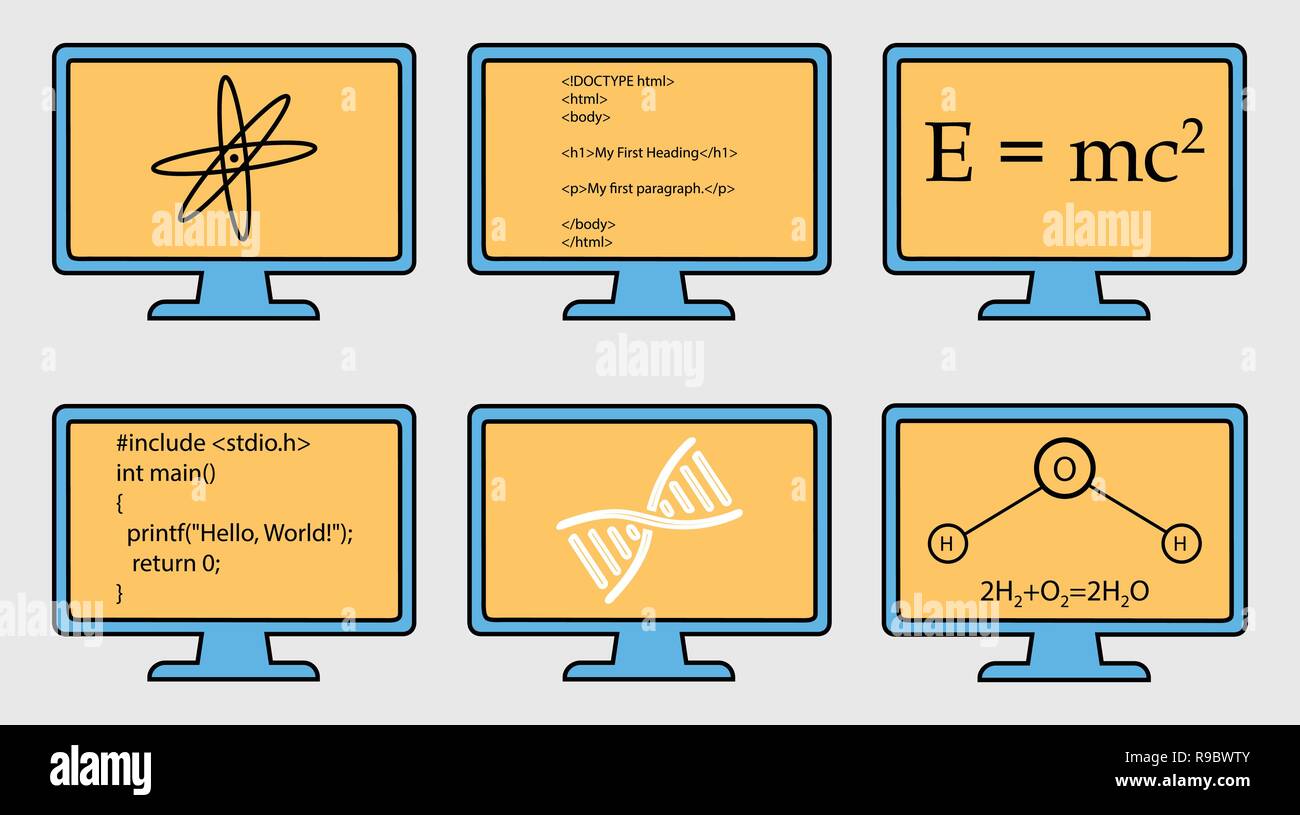 Autre sujet l'icône colorée. La physique, la chimie, le génie génétique et l'informatique sont des symboles sur le moniteur. Illustration de Vecteur