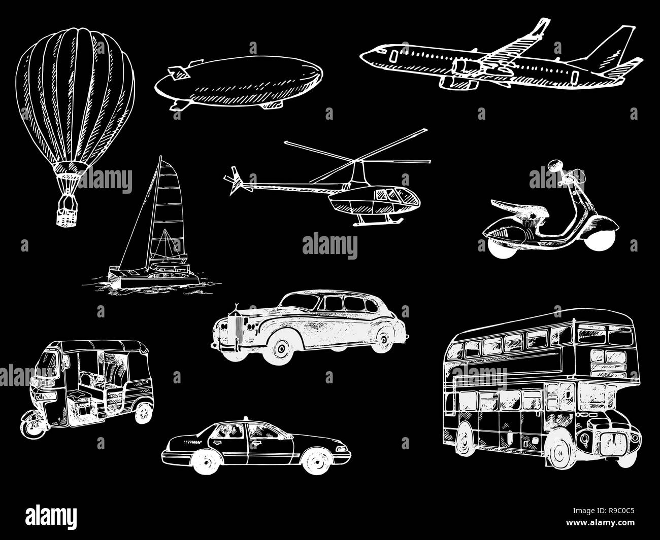 Ensemble de croquis dessinés à la main, différents types de transport style isolé sur fond noir. Vector illustration. Illustration de Vecteur