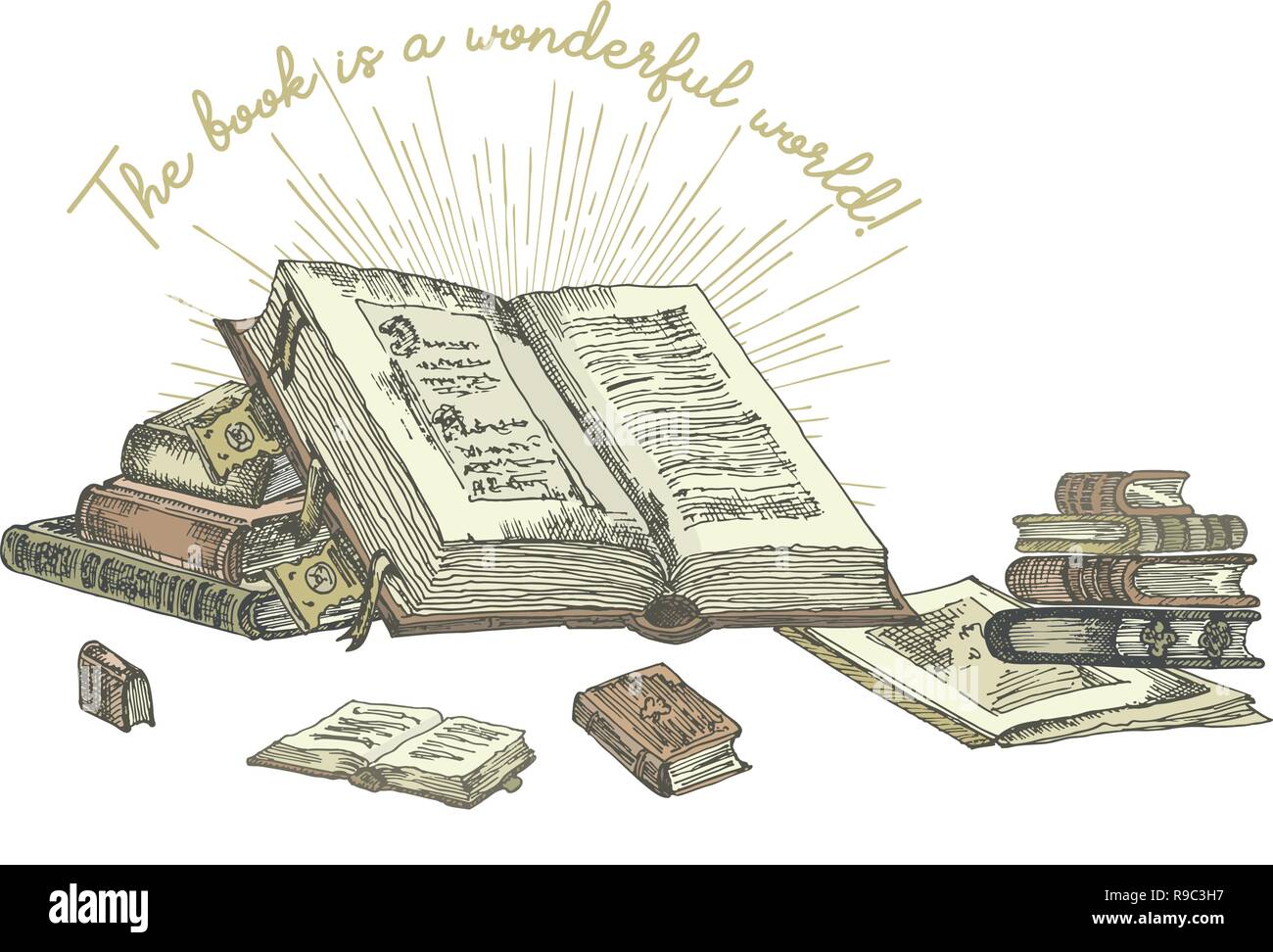 Vintage couleur bannière avec dessin carnets de croquis isolé sur blanc et du texte livre est un monde merveilleux. Concept design vintage ou juste pour flyer festival, librairie la publicité dans leur gravure Illustration de Vecteur