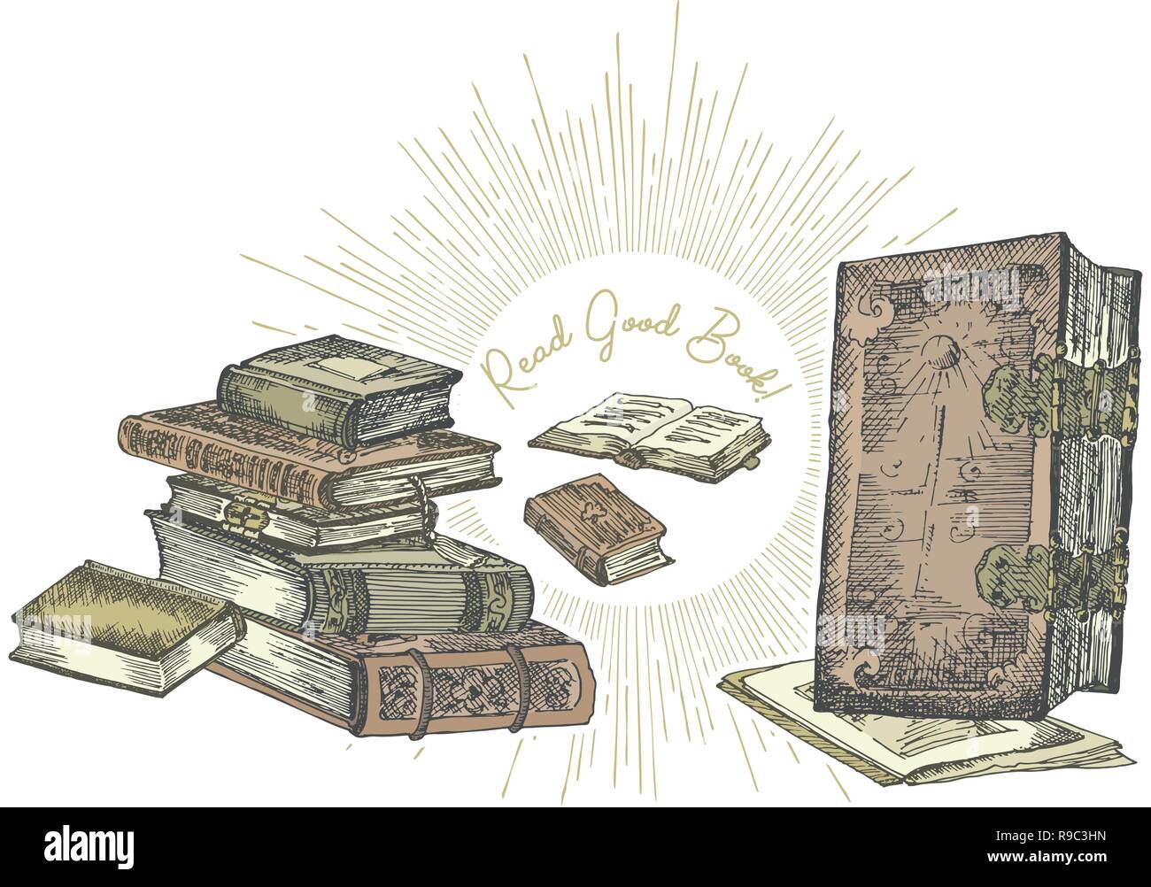 Vintage couleur bannière avec dessin carnets de croquis isolé sur blanc et le texte lu bon livre est un monde merveilleux. Concept vintage design for fair ou circulaire, festival de la publicité de la librairie Illustration de Vecteur