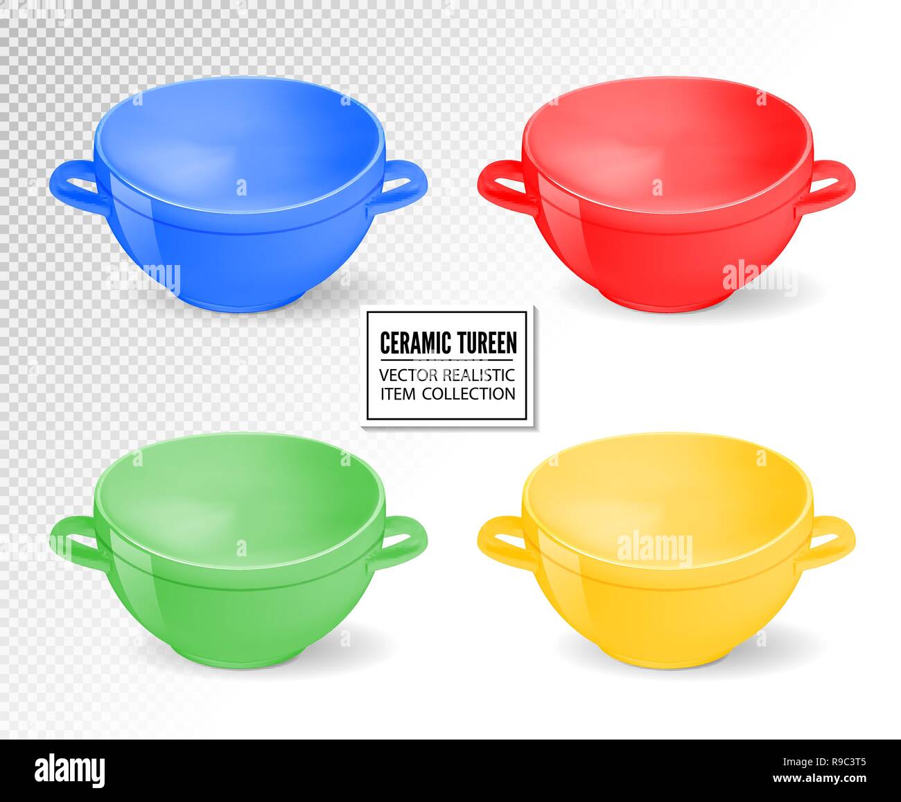 Articles en céramique réaliste. Différentes couleurs de la table de cuisson, d'ustensiles de cuisine pour table de service, de l'alimentation, le déjeuner et le dîner, un bol de soupe. Vecto Illustration de Vecteur