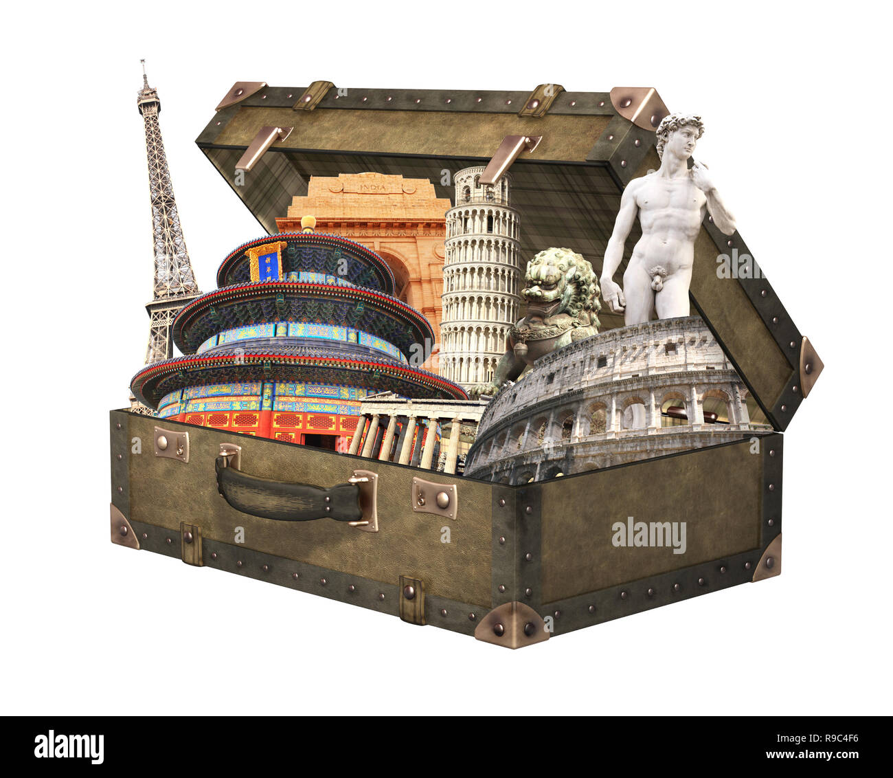 Monuments célèbres du monde - Tour Eiffel à Paris, Tour de Pise ; Colisée de Rome ; Parthénon à Athènes, le Temple du Ciel à Beijing ; chin Banque D'Images