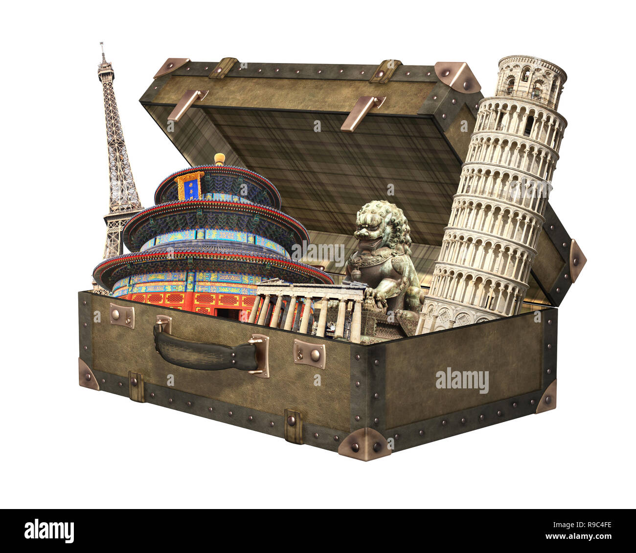 Monuments célèbres du monde - Tour Eiffel à Paris, Tour de Pise ; Parthénon à Athènes, le Temple du Ciel à Beijing ; statue de lion en chinois Banque D'Images