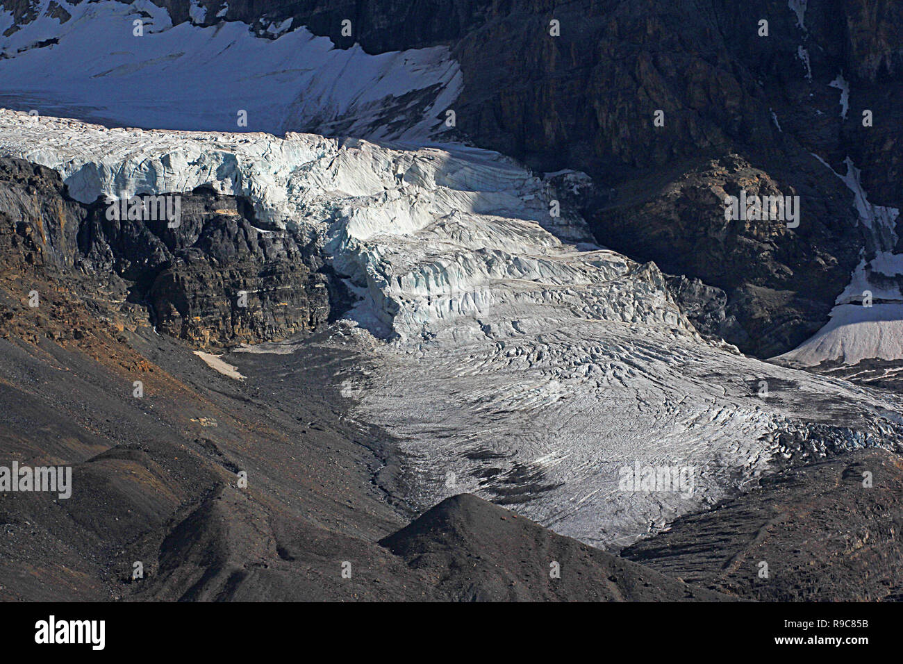 Le Glacier Athabasca est un des six principaux 'orteils' du champ de glace Columbia, situé dans les Rocheuses canadiennes en Alberta, Canada. Banque D'Images