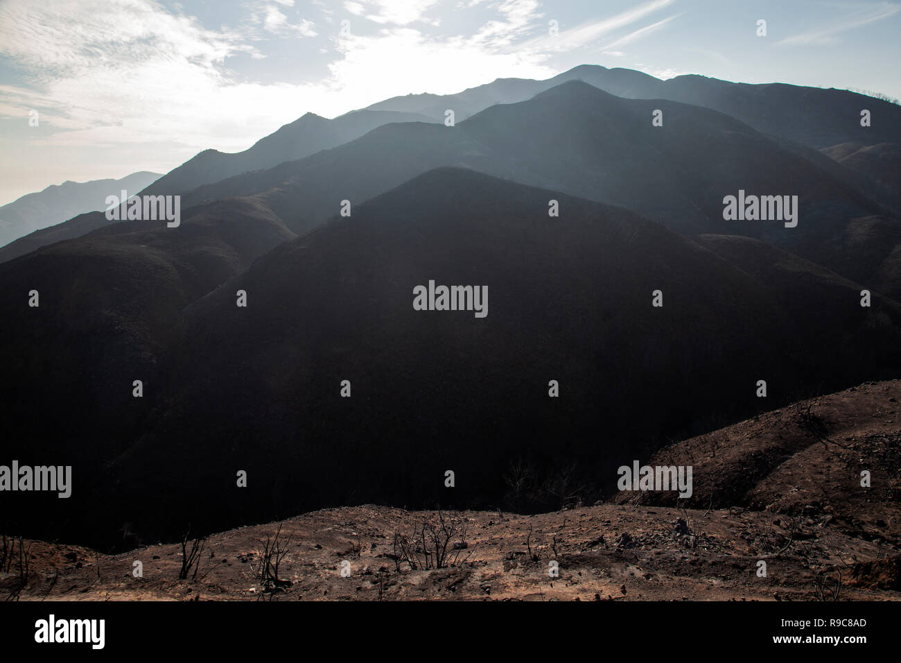 Une traînée de dégâts sur Kanan Dume Road. Le Woolsey a commencé le feu le 8 novembre 2018 et a brûlé plus de 98 000 acres de terres, détruit une estimat Banque D'Images