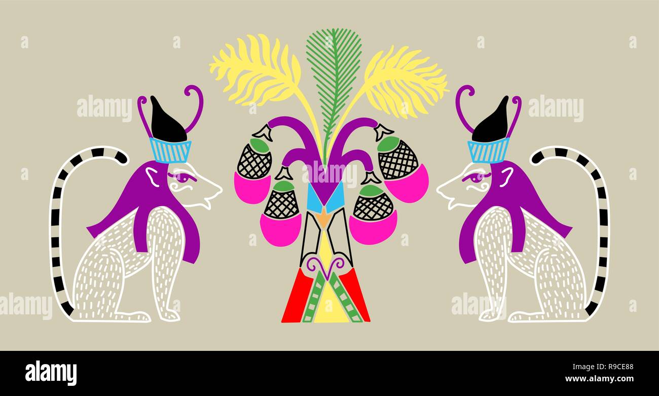 Modèle égyptien avec deux dieux de chat et un palmier avec coco Illustration de Vecteur