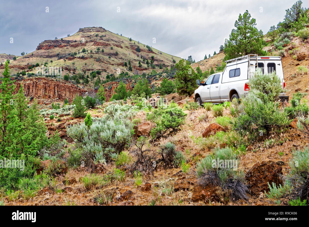 42 893,03515 camionnette blanche sur la colline rouge armoise avec falaises rouges, bluffs de high desert avec sec lointain montagne, paysage, Oregon, USA Banque D'Images