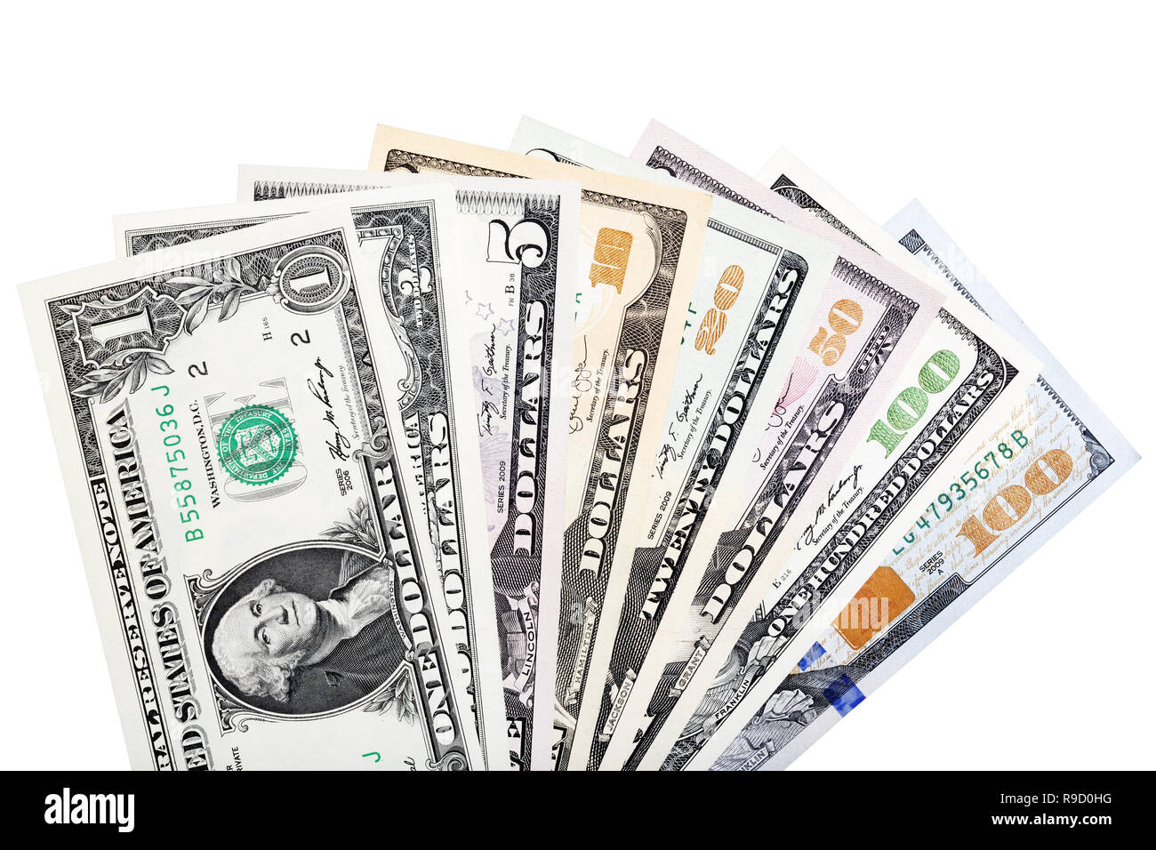 L'argent américain se déploient en éventail. 100, 50, 20, 10, 5, 2 et 1 dollars isolé sur blanc. Banque D'Images