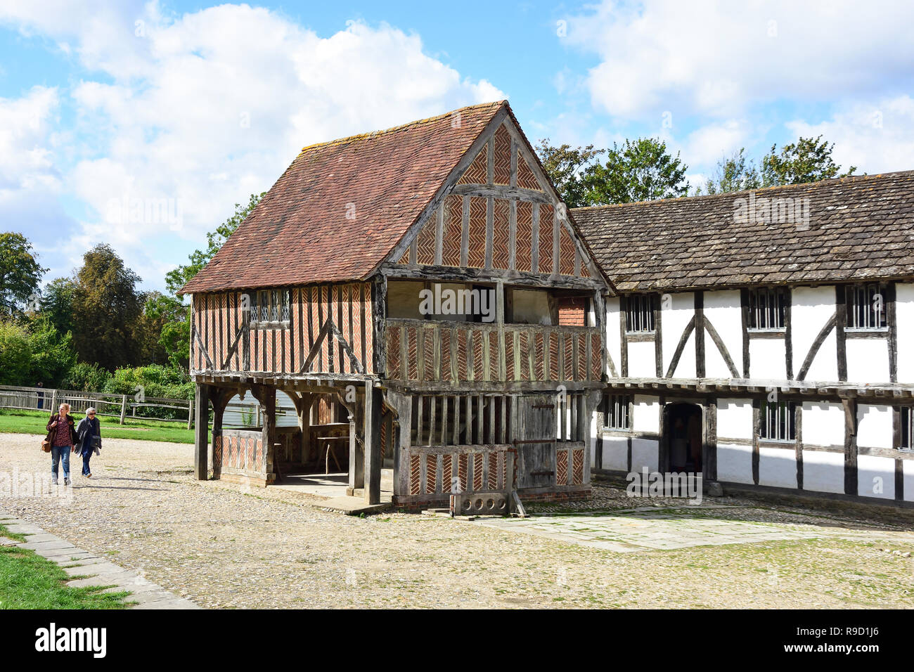 Bâtiments à pans de bois, Place du marché, le Weald & Downland Musée Vivant, Town Lane, Singleton, West Sussex, Angleterre, Royaume-Uni Banque D'Images