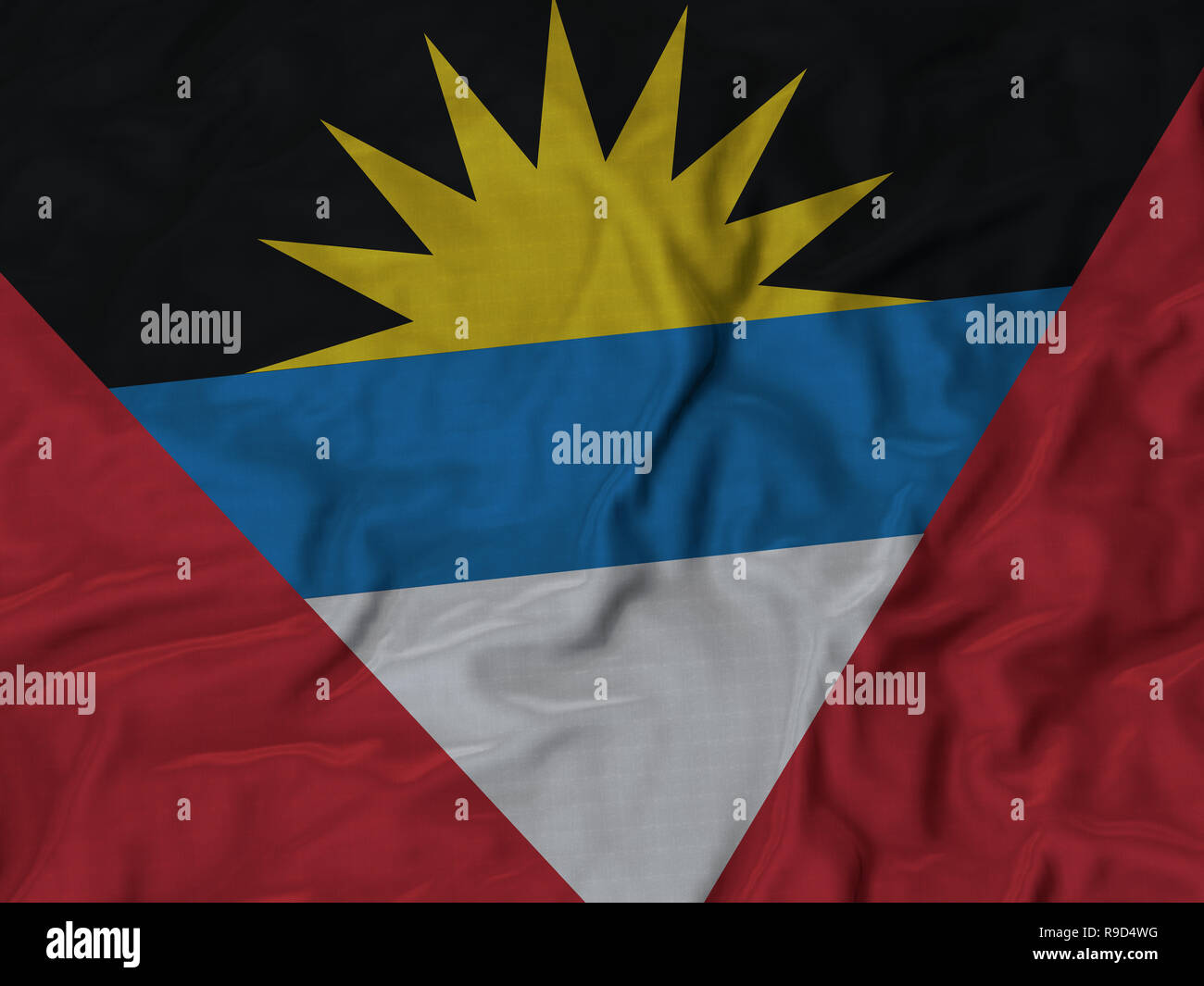Gros plan du talon et Antigua-et-Barbuda, Tissu drapeau drapeau ébouriffé Arrière-plan. Banque D'Images