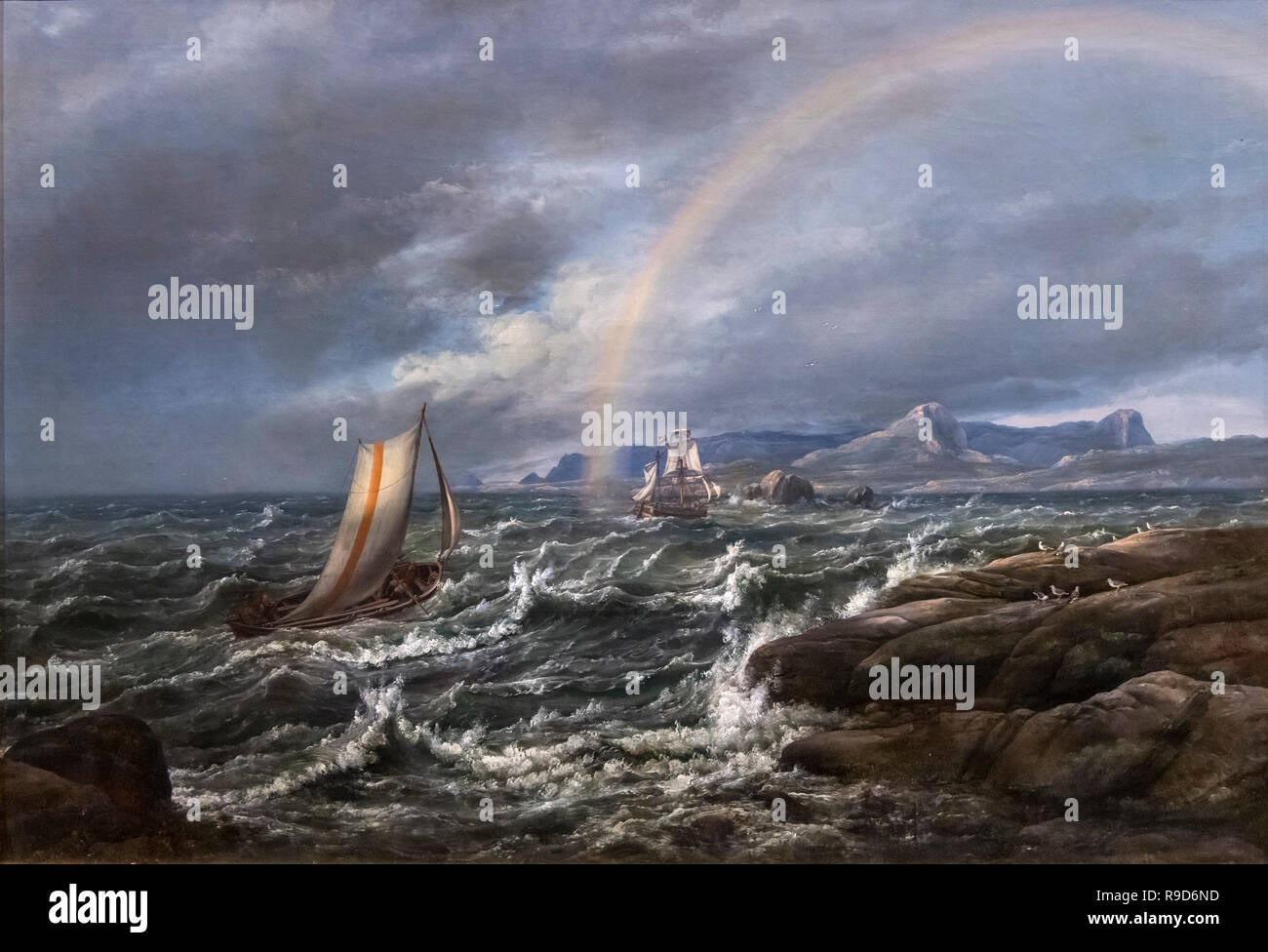 Bateau à voile et bateau pilote par la côte de Bergen par J C (Dahl Johan Christian Claussen Dahl : 1788-1857), huile sur toile, 1826 Banque D'Images