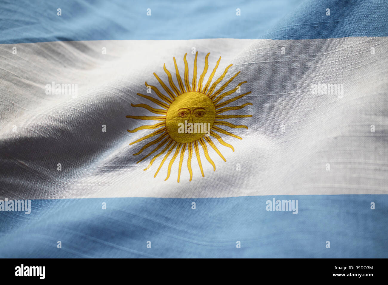 Gros plan du drapeau Argentine ébouriffé, ArgentinaFlag Blowing in Wind Banque D'Images