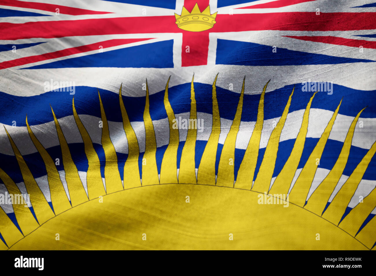 Gros plan du Pavillon Colombie-Britannique ébouriffé, Colombie-Britannique Flag Blowing in Wind Banque D'Images