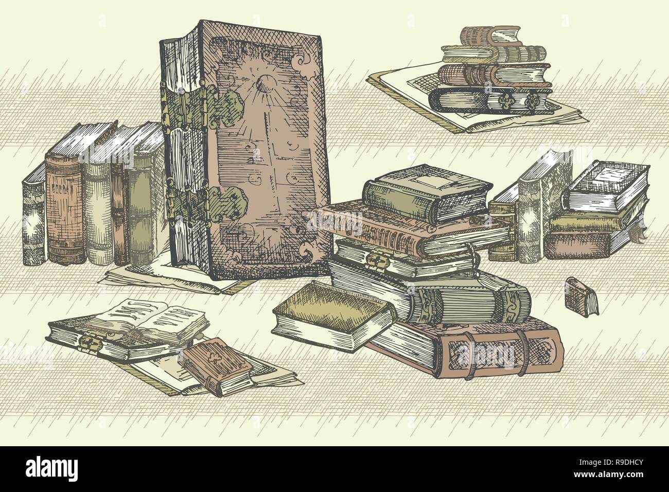 Bannière avec dessin carnets de croquis. Concept design vintage ou juste pour flyer festival, papier, bannière, bibliothèque de l'école affiche rétro, librairie la publicité dans leur gravure Illustration de Vecteur