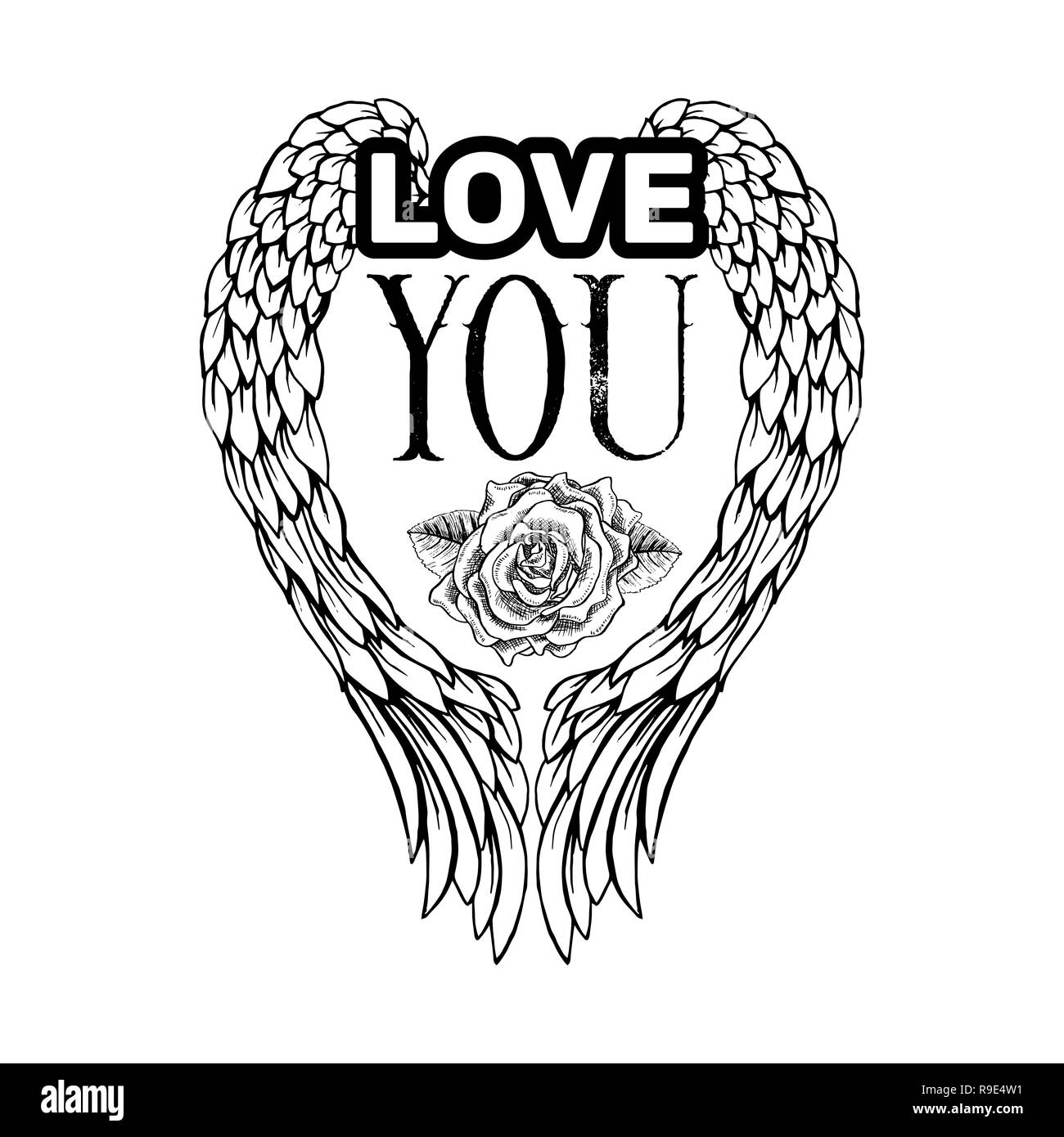 Vous aimez les grandes lignes vectorblack croquis illustration. Ailes d'ange et dessiné à la main fleur rose clipart isolé. Dating et dessin romantique. La Saint-Valentin carte de vœux, invitation, modèle d'affiche Illustration de Vecteur