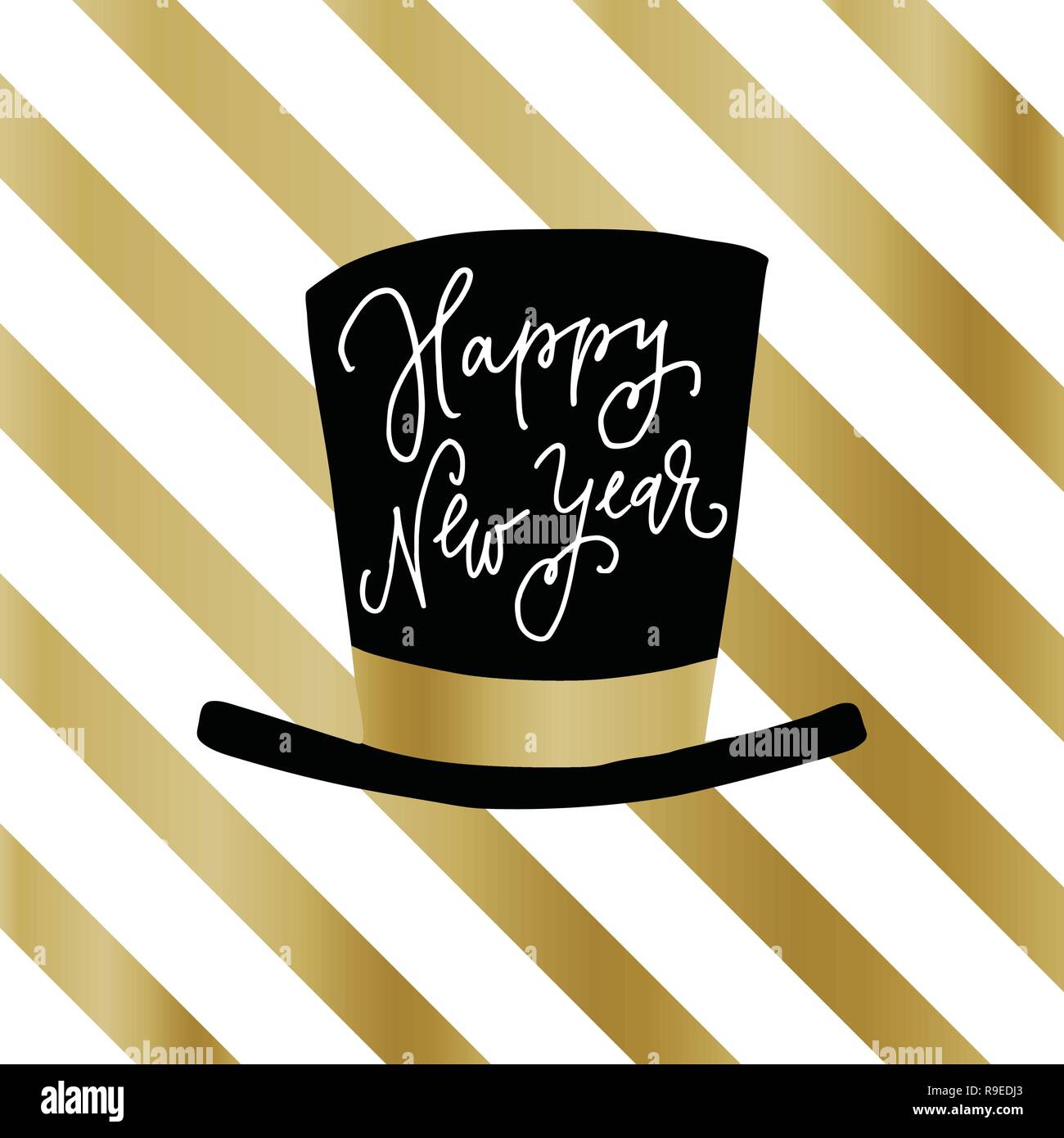 Bonne année carte de voeux, invitation. Party hat avec plus de texte comportant des rayures blanches et dorées. Concept de célébration. Fond d'illustration vectorielle moderne. Illustration de Vecteur