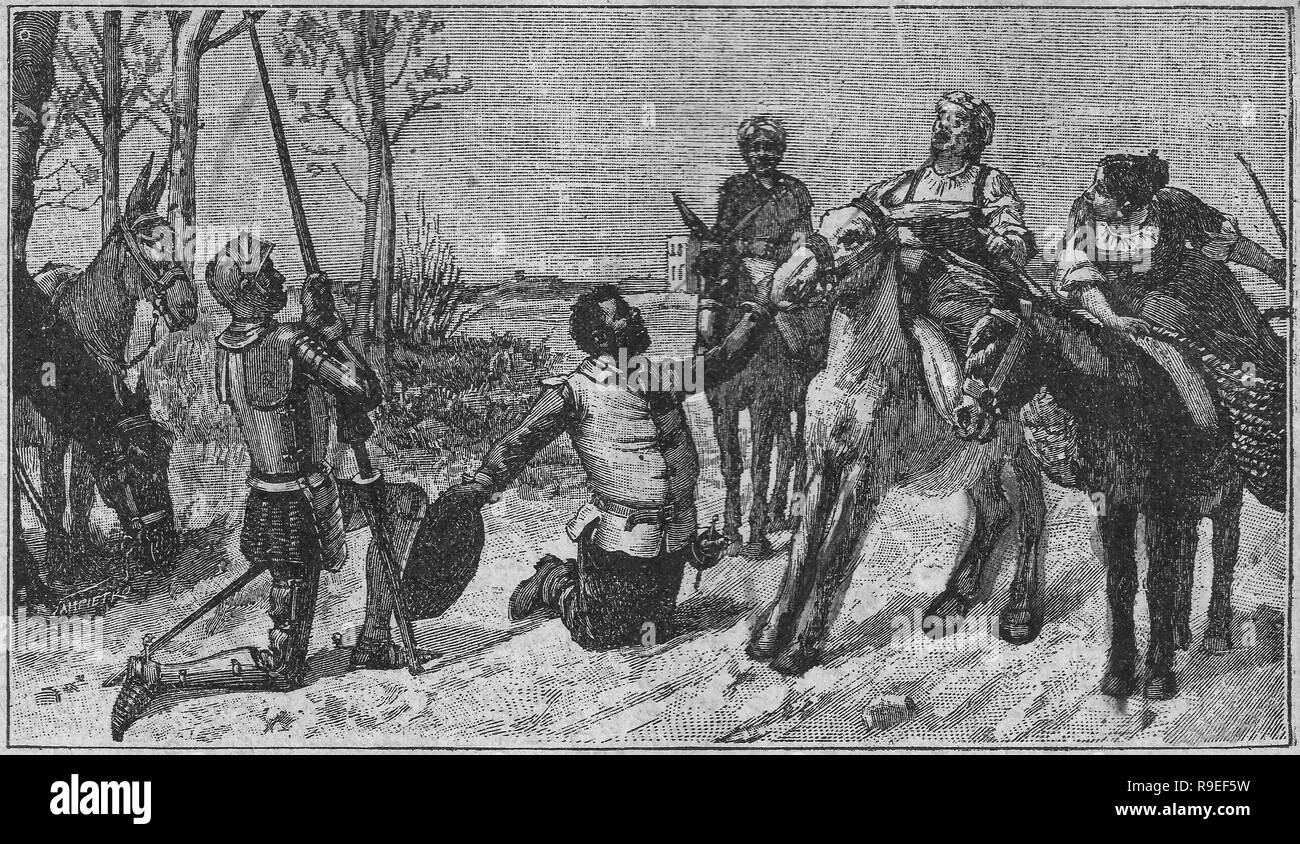 Sancho a adopté un appareil astucieux pour enchanter la dame Dulcinea. Don Quichotte scène de roman. Illustration de 1916 Calleja Edition. Banque D'Images