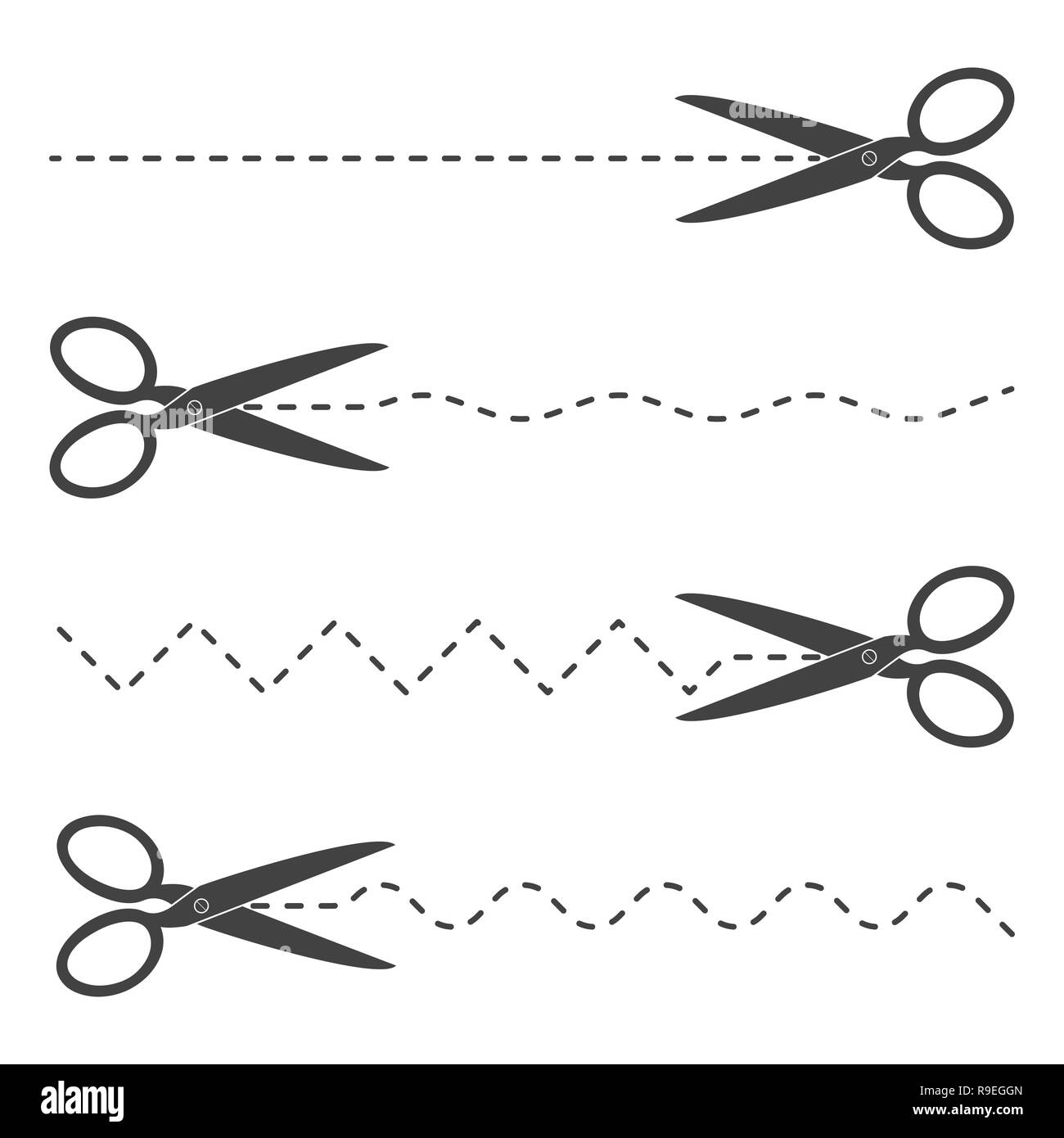 Ensemble de ciseaux noir avec les lignes de coupe. Vector illustration. Icône couper du papier avec des pointillés. Illustration de Vecteur
