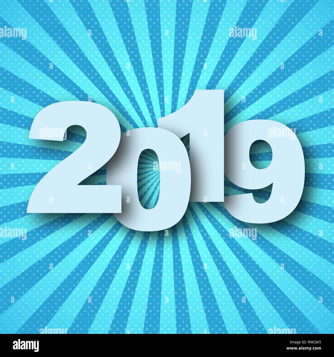 Bonne année 2019. Vector illustration. Carte de vœux avec chiffres blancs sur fond de rayons bleus. Illustration de Vecteur