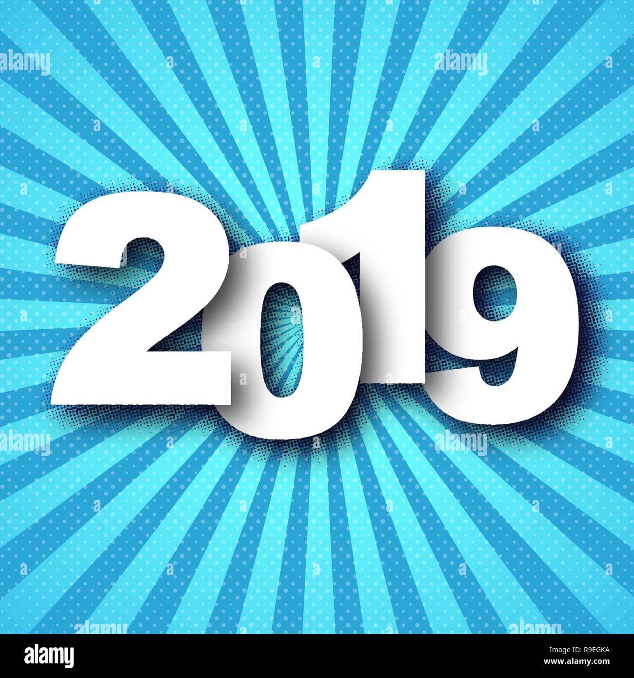 Bonne année 2019. Vector illustration. Carte de vœux avec chiffres blancs sur fond de rayons bleus. Illustration de Vecteur