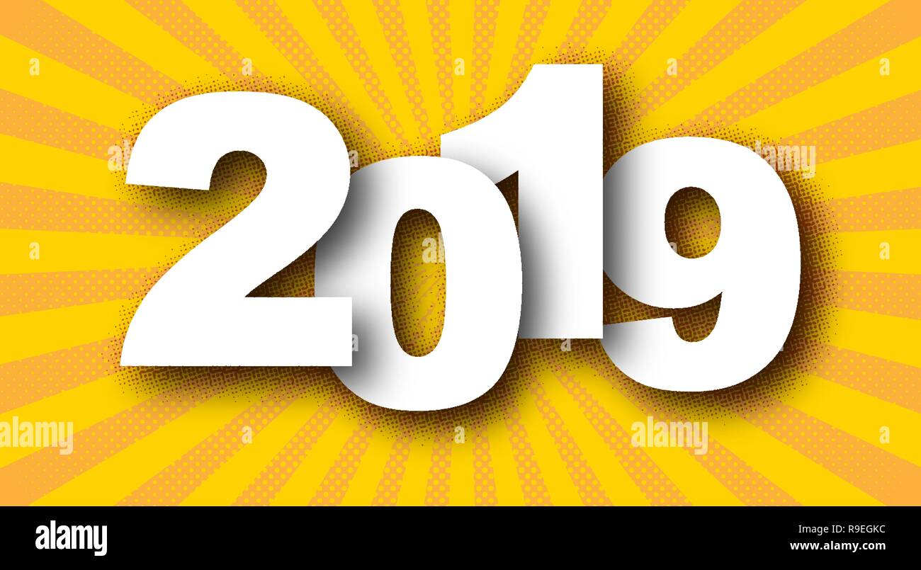 Bonne année 2019. Vector illustration. Carte de vœux avec chiffres blancs sur fond jaune soleil. Illustration de Vecteur