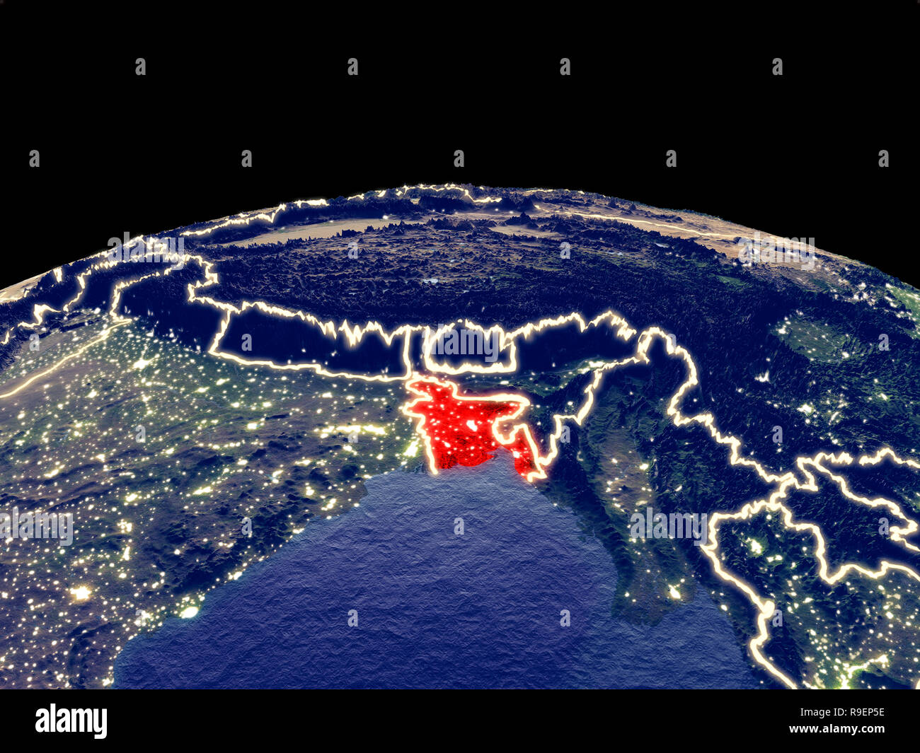 Le Bangladesh à partir de l'espace sur la planète Terre la nuit avec des lumières de la ville. Surface de la planète plastique détaillées avec de vraies montagnes. 3D illustration. Elements Banque D'Images