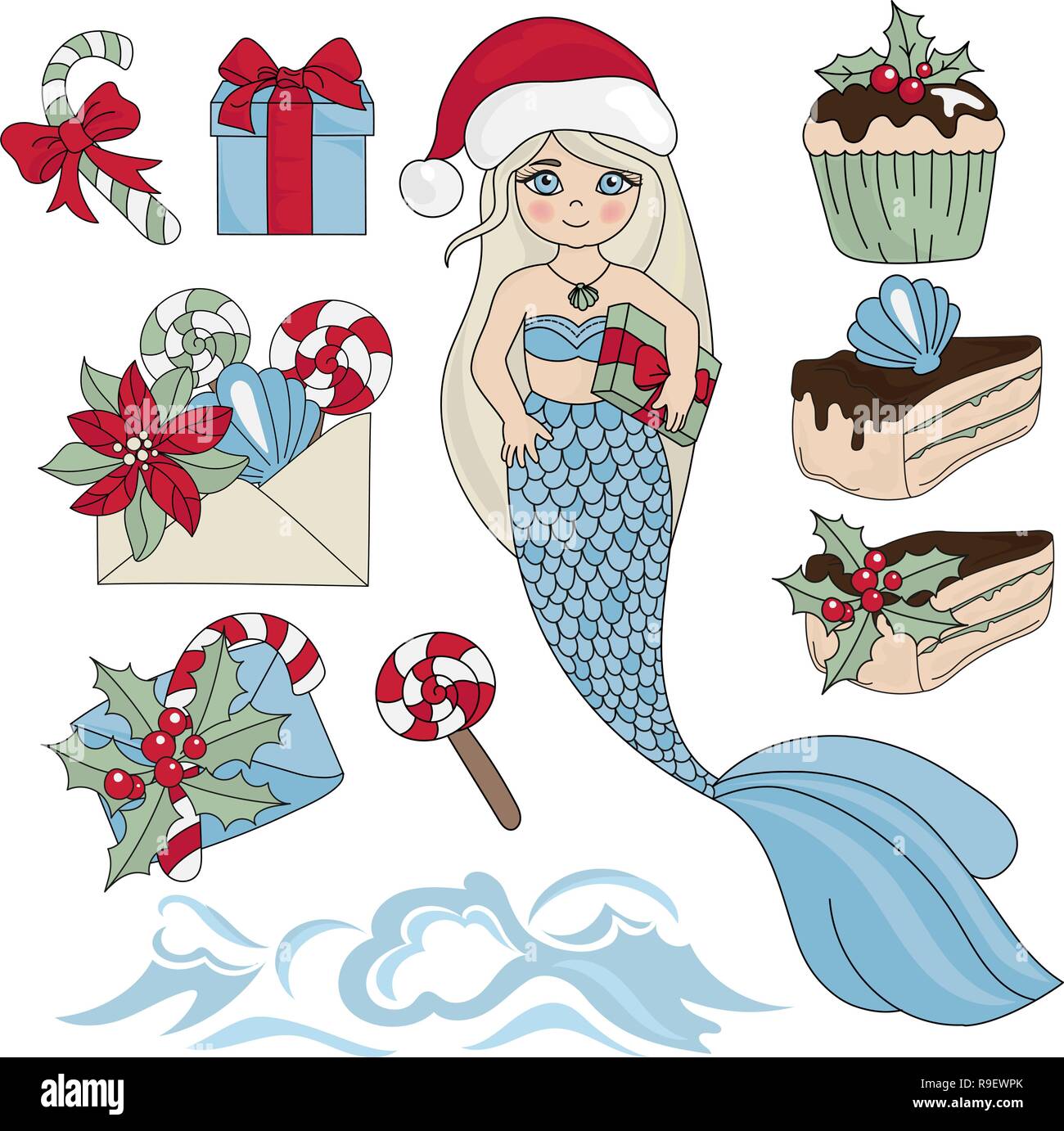 SWEET MERMAID CHRISTMAS New Year Illustration Vecteur de couleur définie pour anniversaire et fête, décorations murales, Scrapbooking, Livre de bébé, d'albums photos et de location Illustration de Vecteur